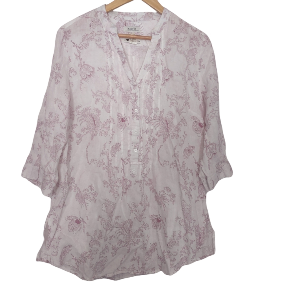Malvin Linen Floral V Neck Tunic Top Size L